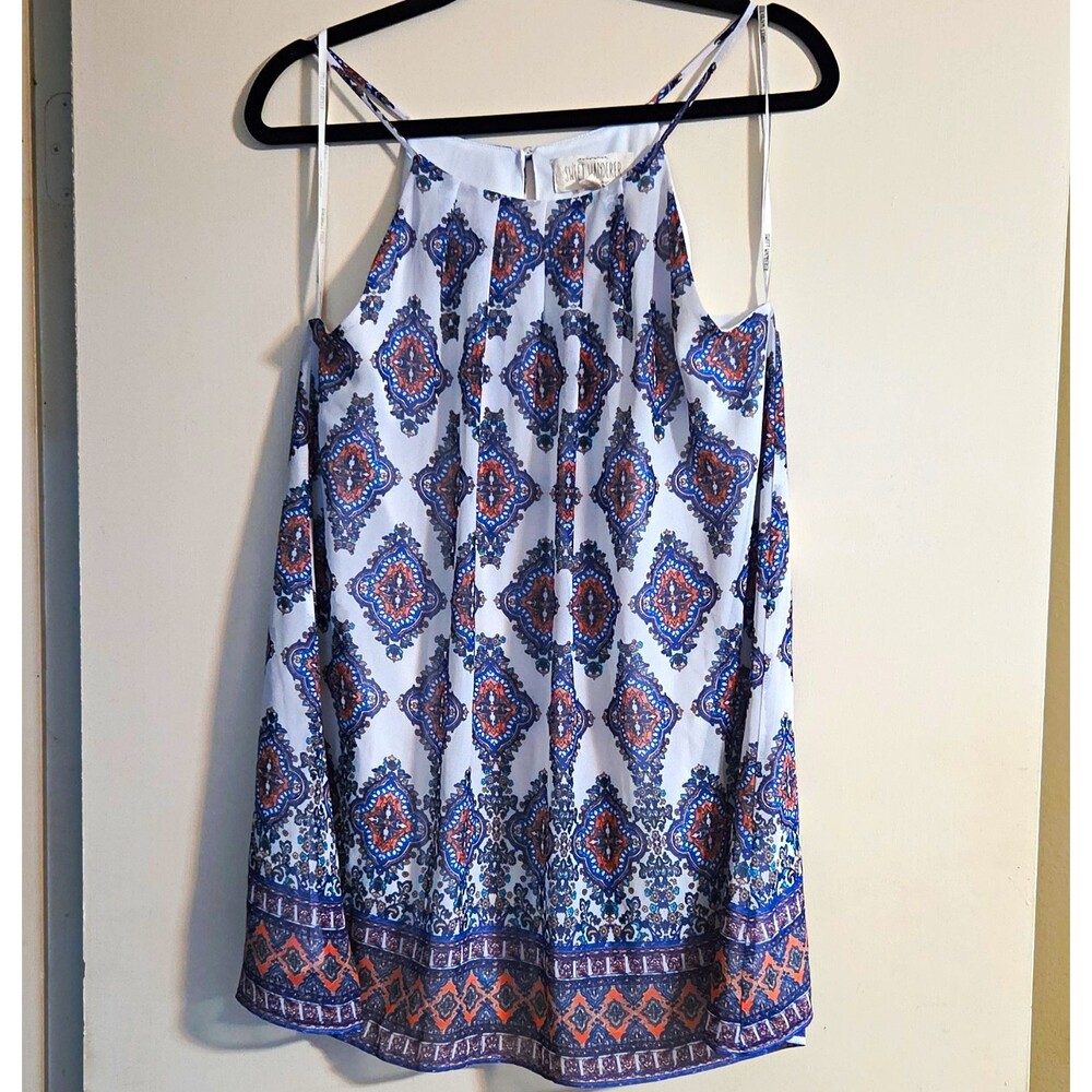 Sweet Wanderer M Light Blue/Orange Geometric Shift Dress Chiffon Spaghetti